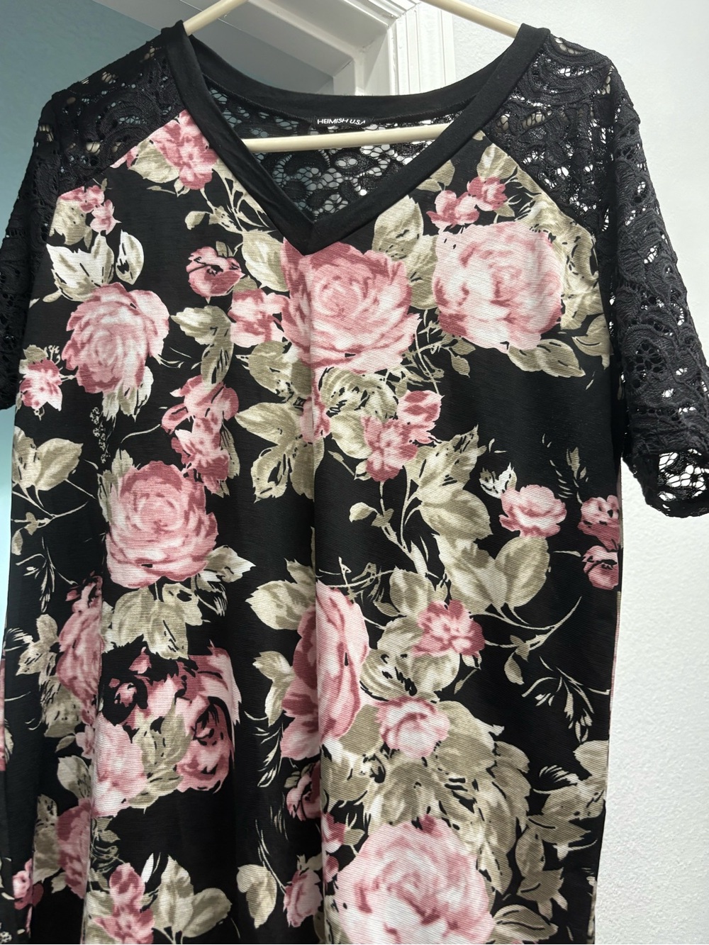 HEIMISH USA Black Floral V-Neck Tunic with Pink Roses